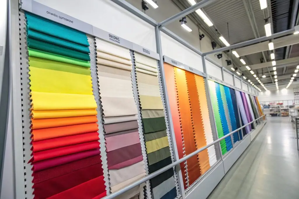 colorful fabric swatch wall in textile showroom