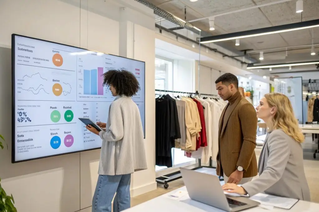 Fashion business team analyzing sales dashboard in modern showroom