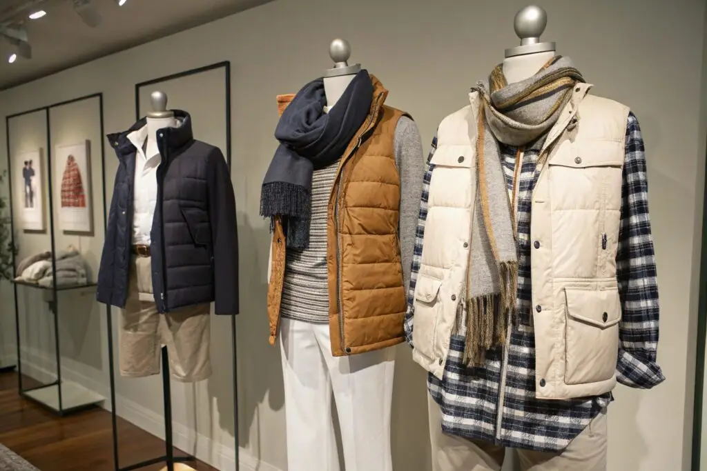 Layered fall outfits on mannequins with vests and scarves