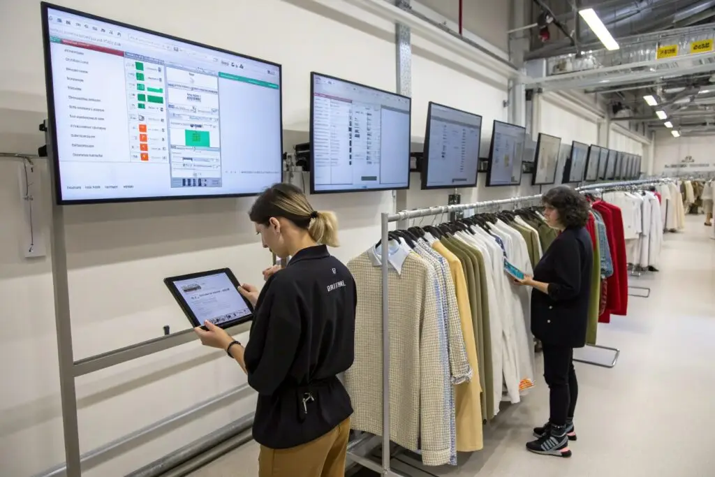 Staff monitoring apparel production data beside garment racks