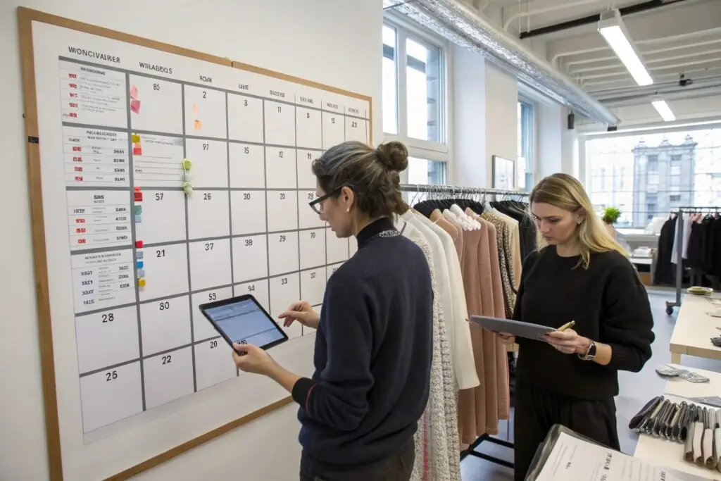 Fashion team reviewing production schedule on calendar board