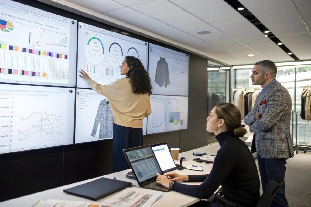 Fashion team analyzing data dashboards with garment insights