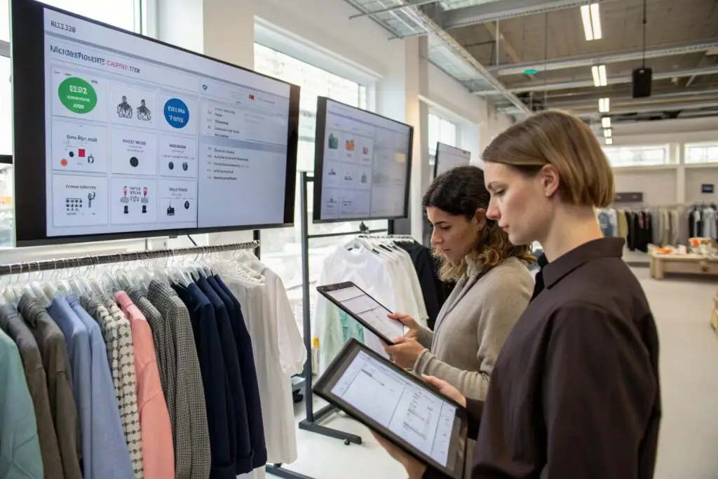 Team using tablets to manage clothing data in showroom