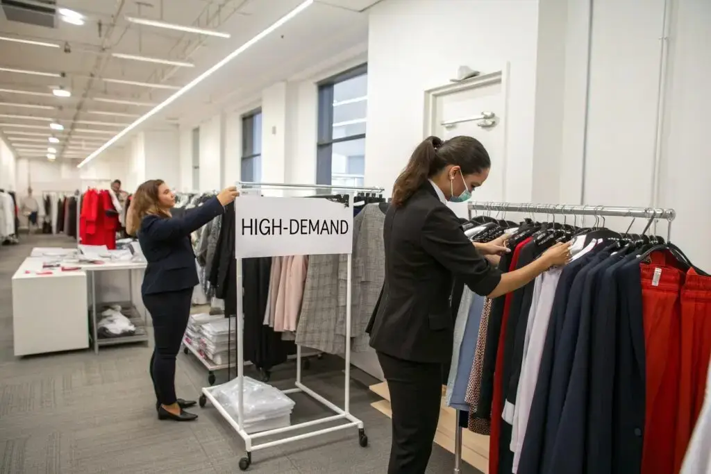 Staff organizing high-demand clothing rack in fashion rental backroom