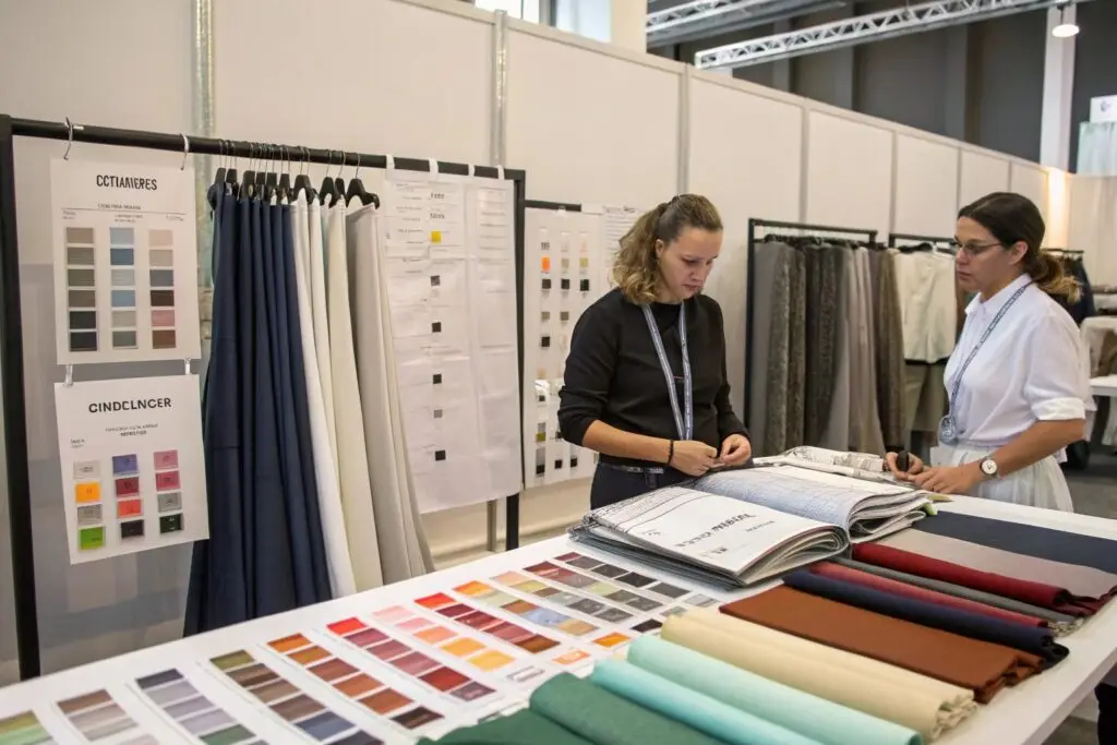 Designers evaluating durable fabric swatches for sourcing