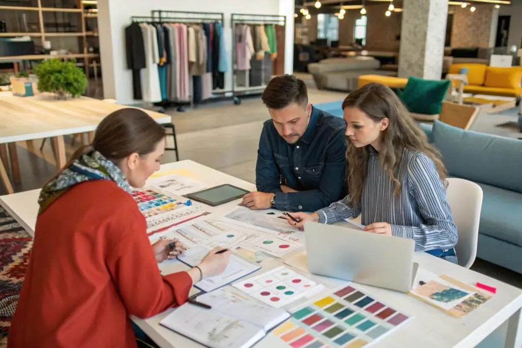 Creative team reviewing color palettes and designs together