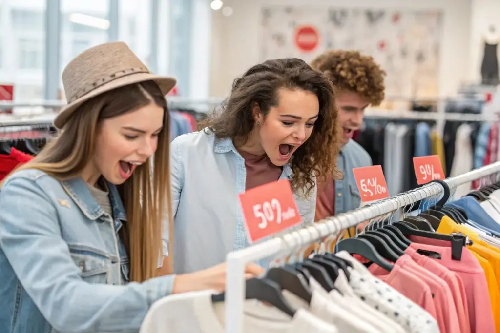 Excited shoppers browsing discounted clothes in fast fashion store
