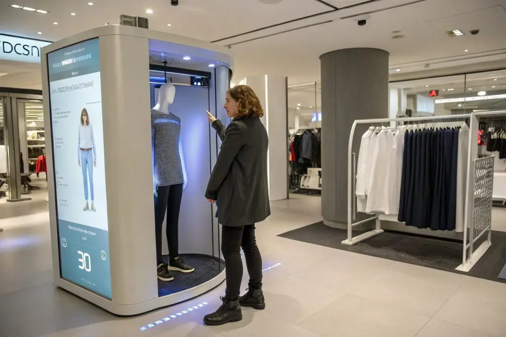 Customer using smart fitting room with digital mannequin