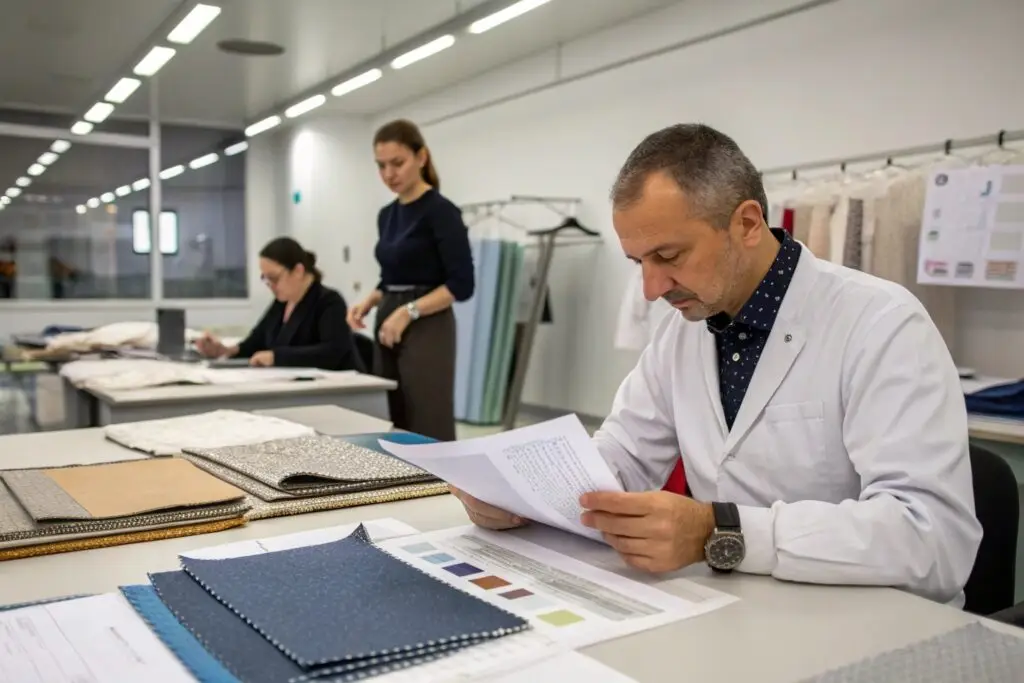 garment expert reviewing fabric specs and swatches