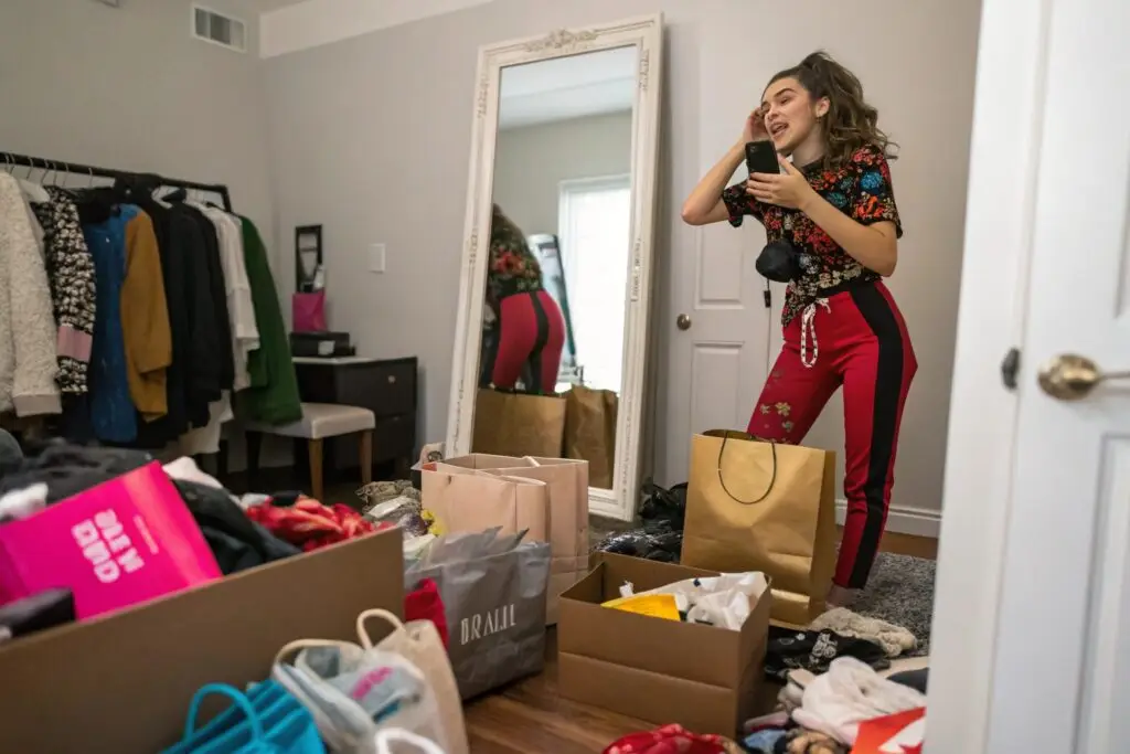 Young woman trying trendy outfits in messy dressing room