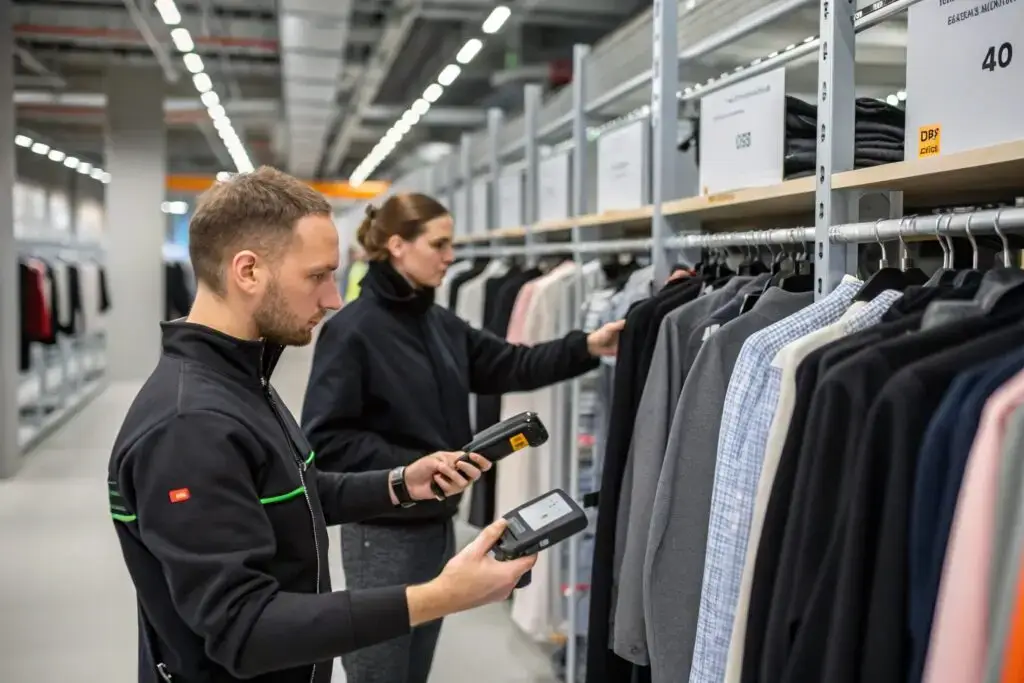 Staff scanning garments at organized clothing logistics hub