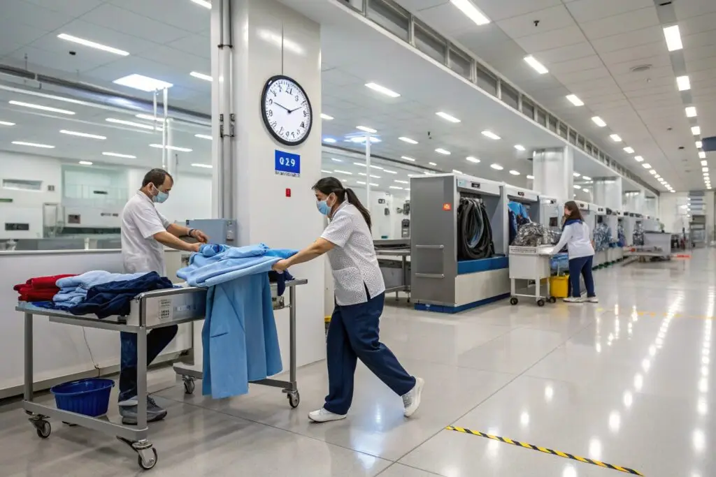 Modern garment facility with workers handling uniforms