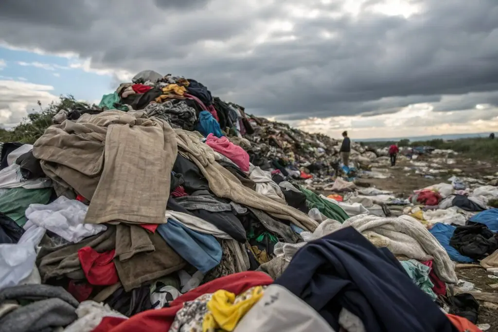 Piles of discarded clothing waste in outdoor landfill