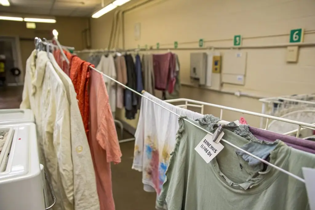 Damaged garments hanging in laundry room after washing
