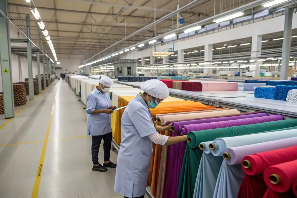 Workers inspecting fabric rolls in modern textile facility