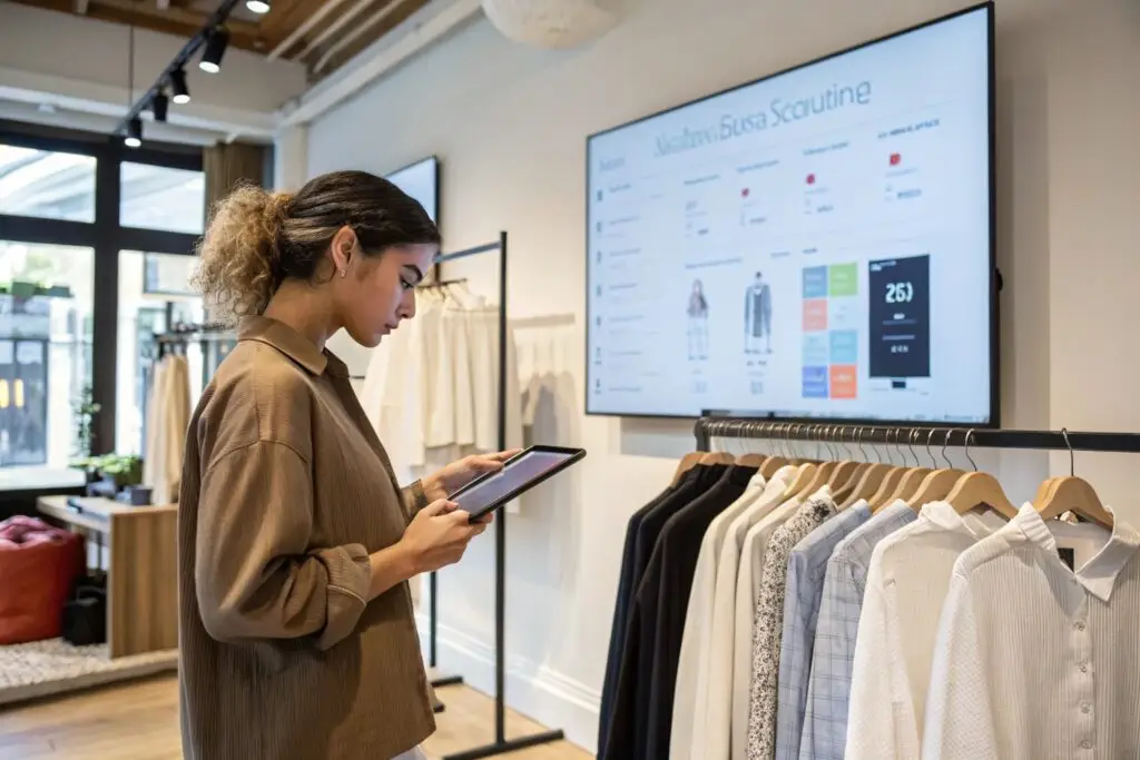 Fashion brand buyer analyzing clothing styles using tablet