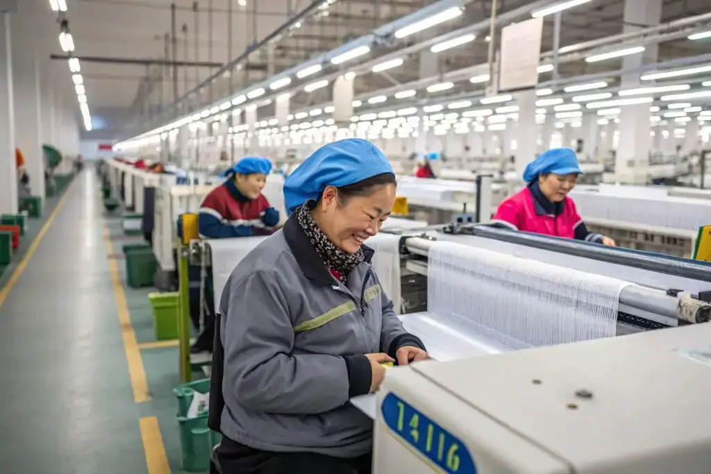 Smiling textile workers operating weaving machines