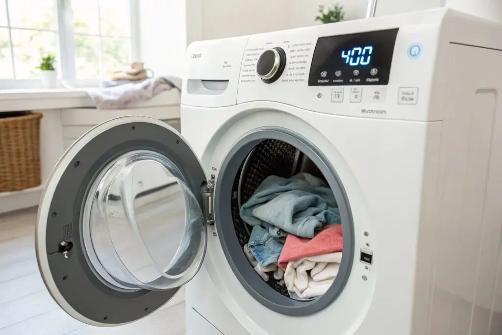 laundry in front-load washing machine during wash cycle