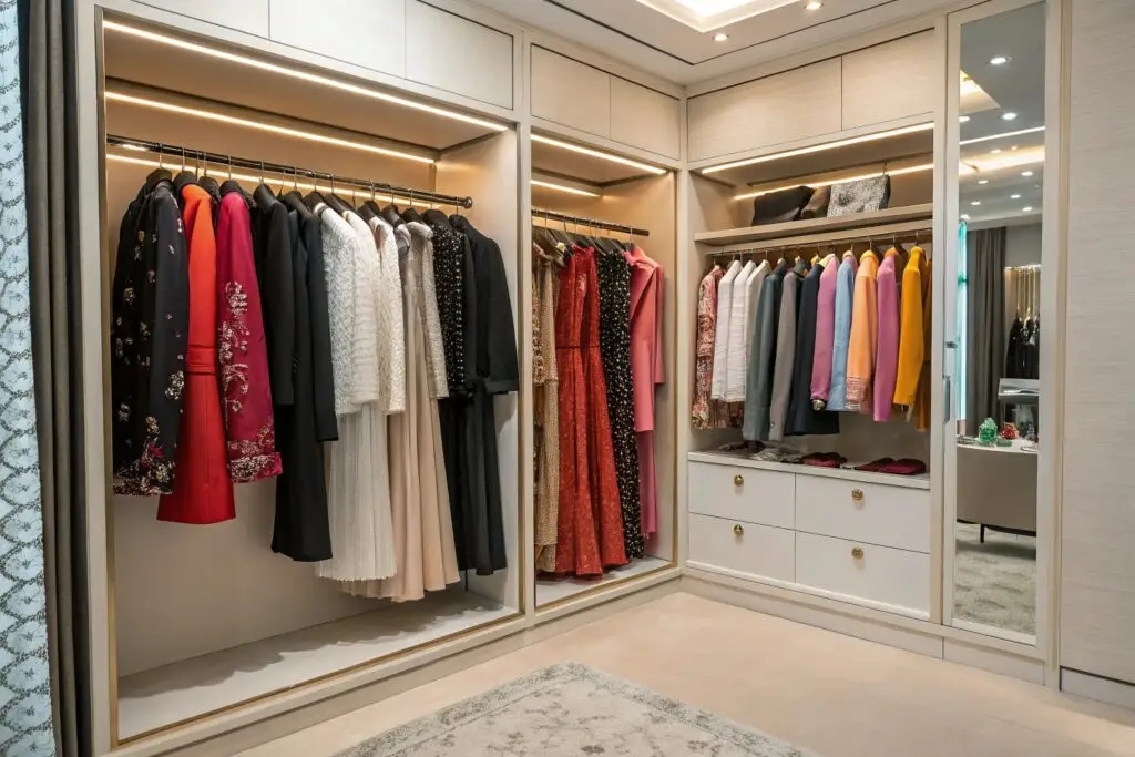 Modern wardrobe with seasonal and color-coordinated clothing