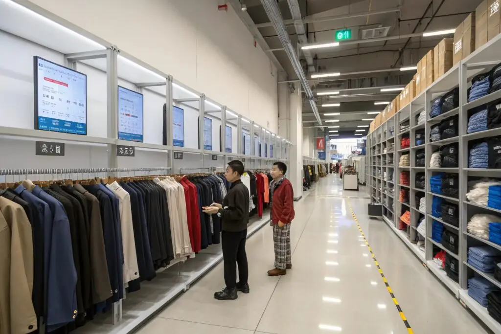 Smart rental warehouse with garment inventory on display