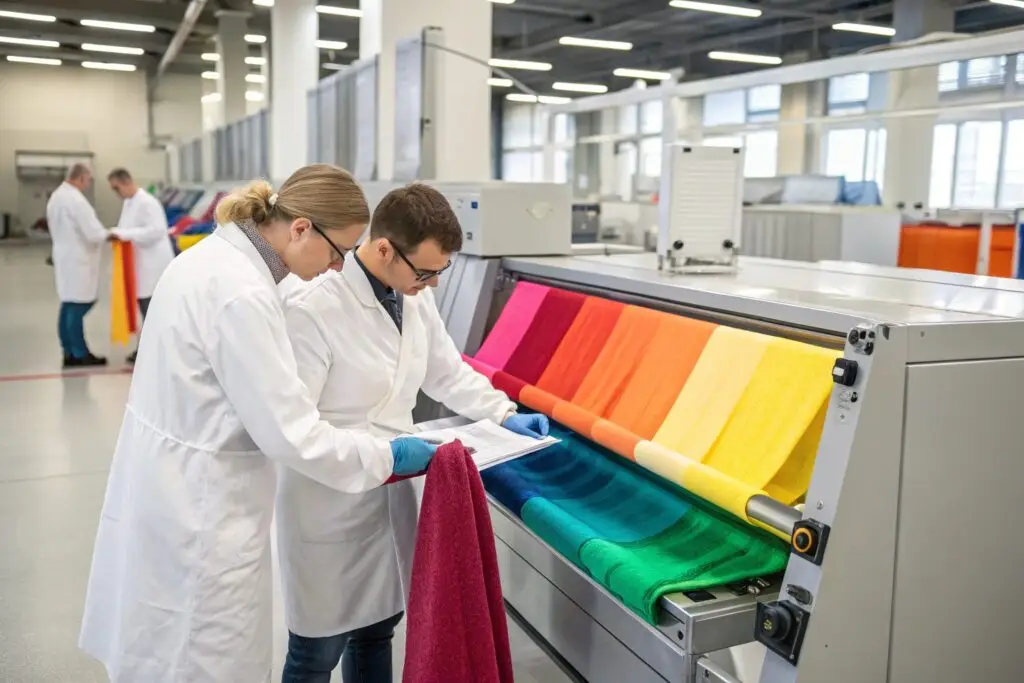 technicians inspecting colorful dyed fabric in lab setting