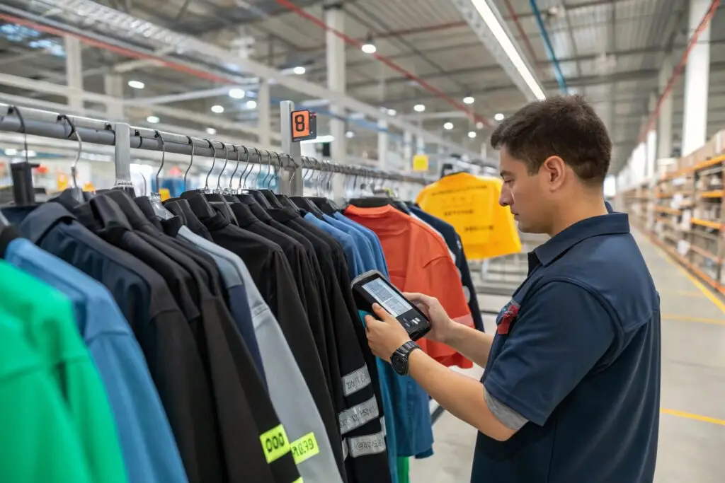 Warehouse worker scanning labeled garments on rack