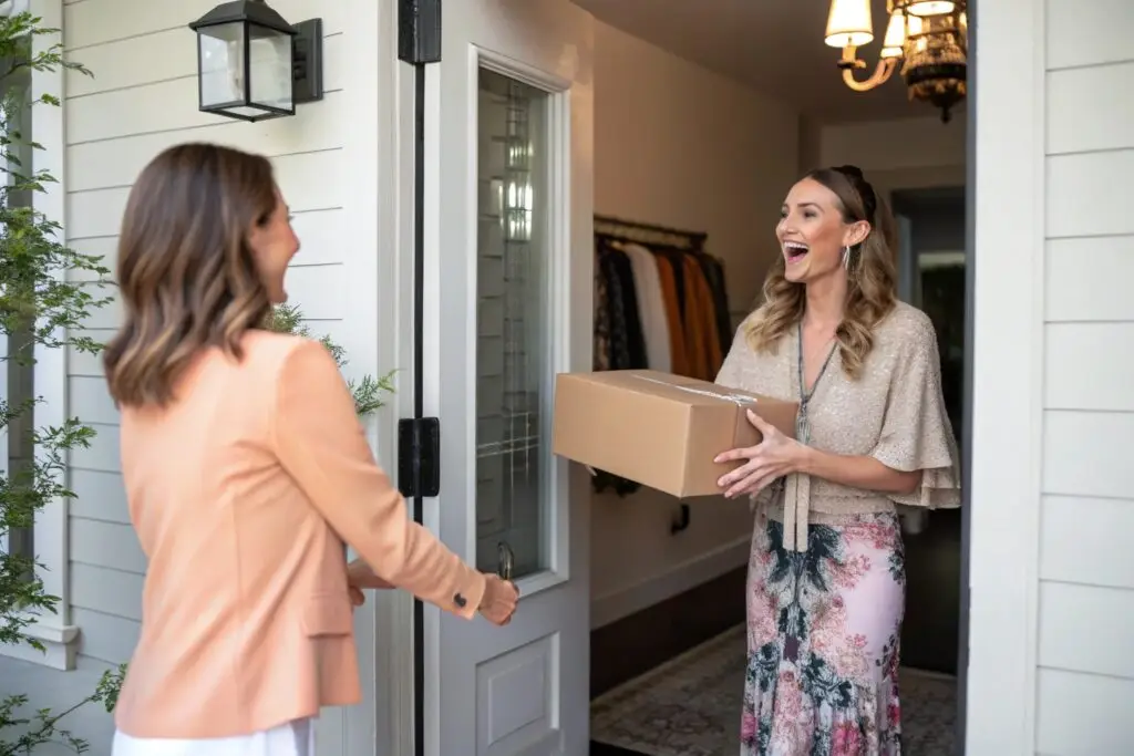 Smiling woman receives fashion delivery at home doorway