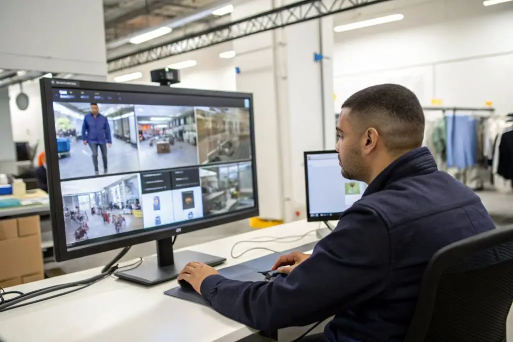 Apparel buyer monitoring live garment factory feed