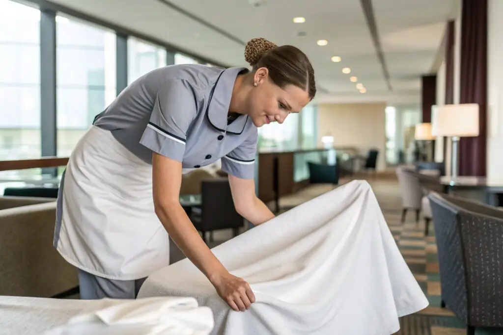 housekeeping staff in wrinkle-resistant T400 blend uniform