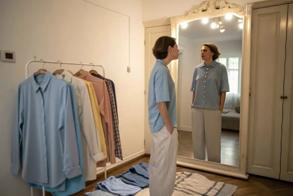 Woman trying on blue shirt in front of mirror, shirts on rack beside