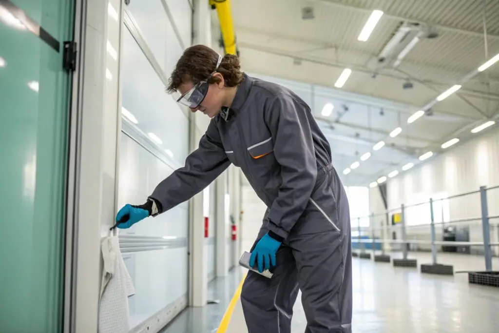 worker in coated cotton coveralls wiping clean surface