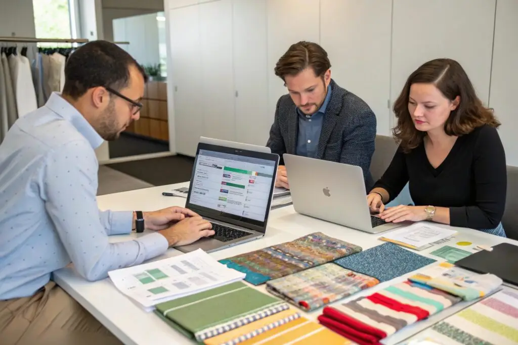 apparel team reviewing seasonal textile samples and data