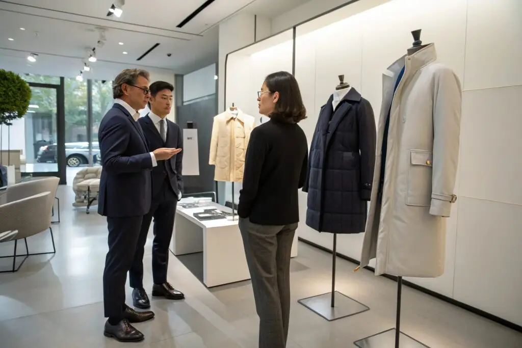 B2B buyers discussing premium outerwear in modern showroom
