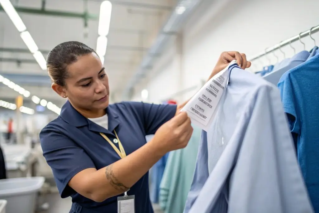 laundry worker checking care label on cleaned garment