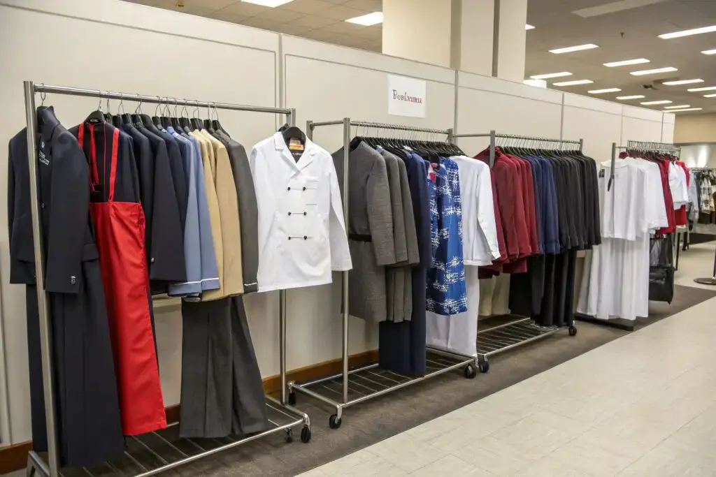 Showroom rack organized by industry-specific uniforms and suits