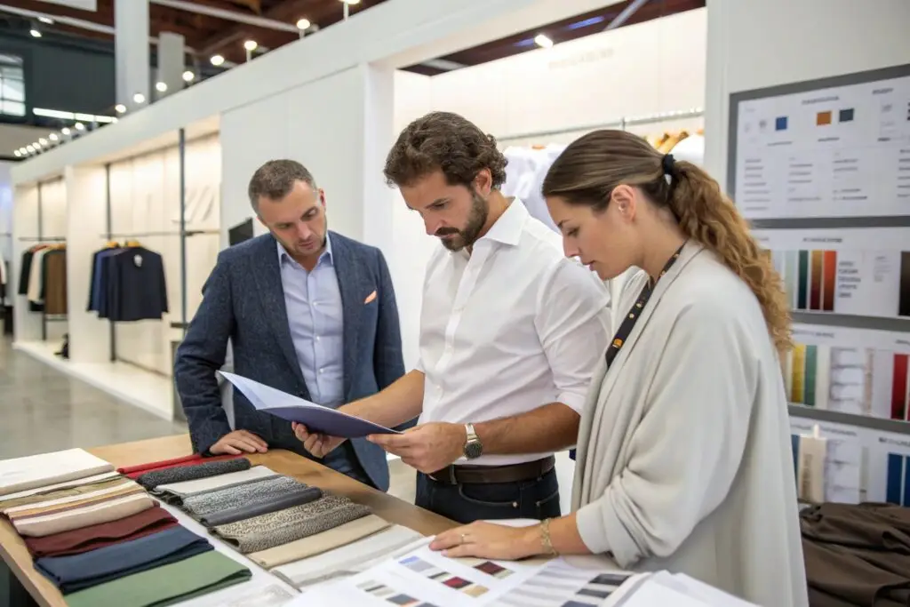 Buyers reviewing fabric swatches during sourcing meeting