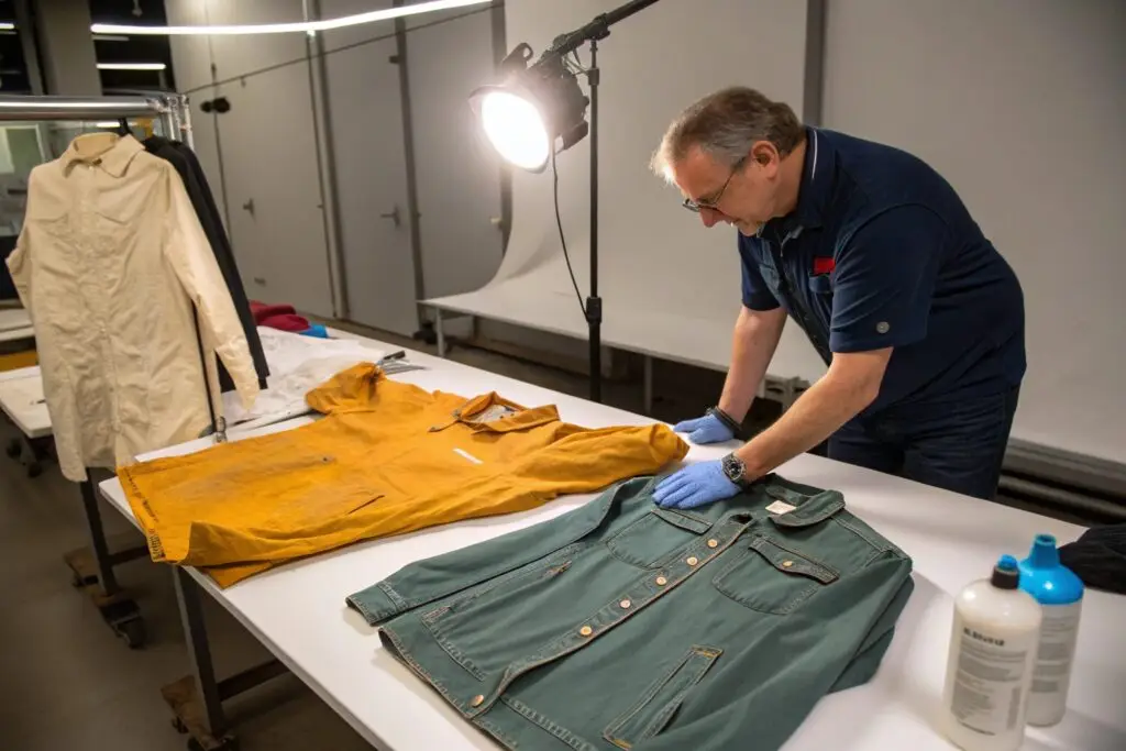 expert examining garment samples under studio light