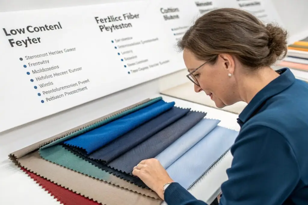 textile buyer reviewing colorfast fabric swatches