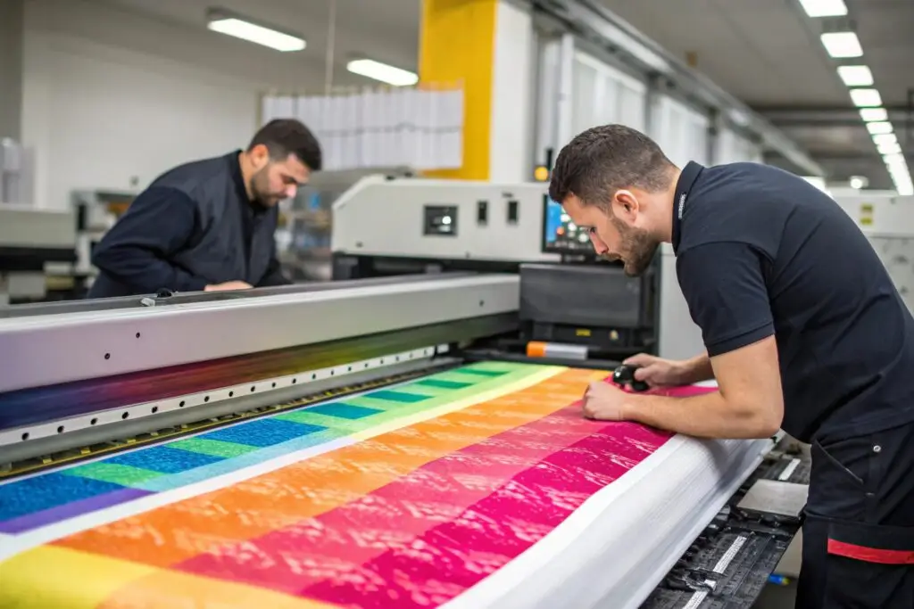textile printer applying vibrant color to fabric roll