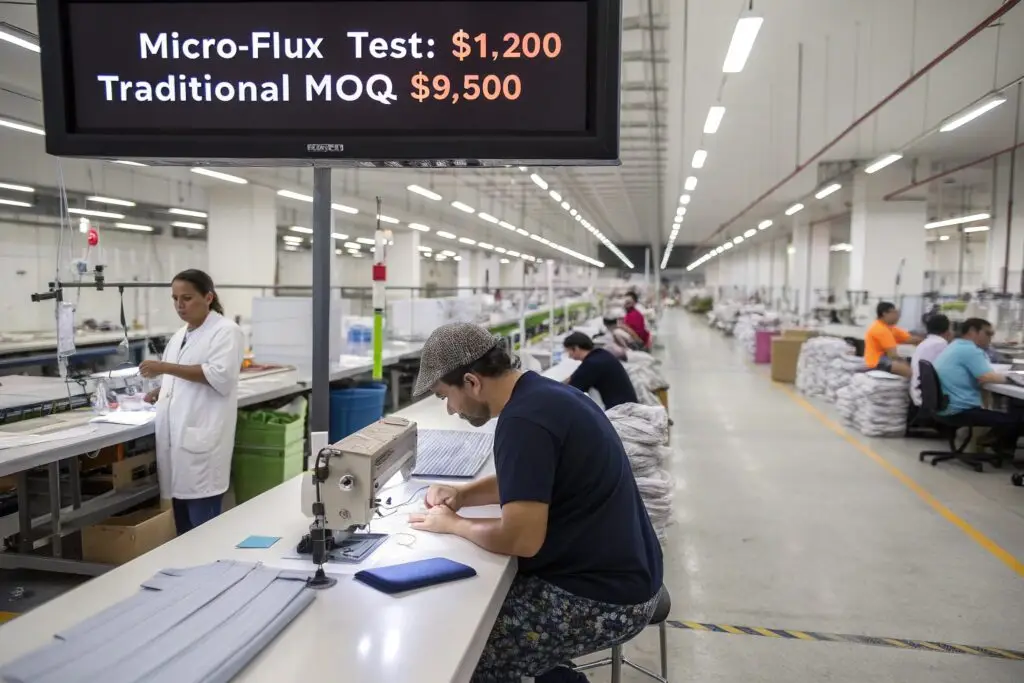 Workers sewing apparel in low-MOQ test production line