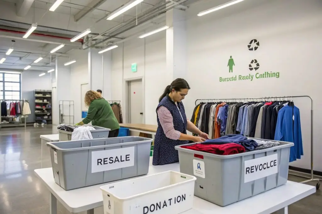 Clothing sorting station with bins for resale, donation, and recycle