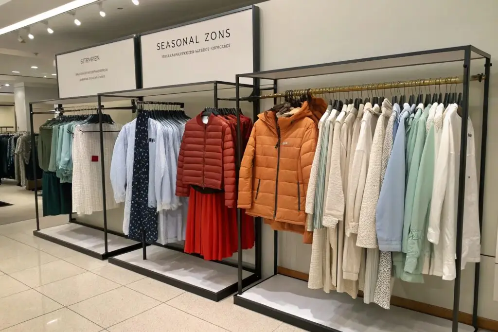 Boutique rack displaying seasonal jackets and light outfits