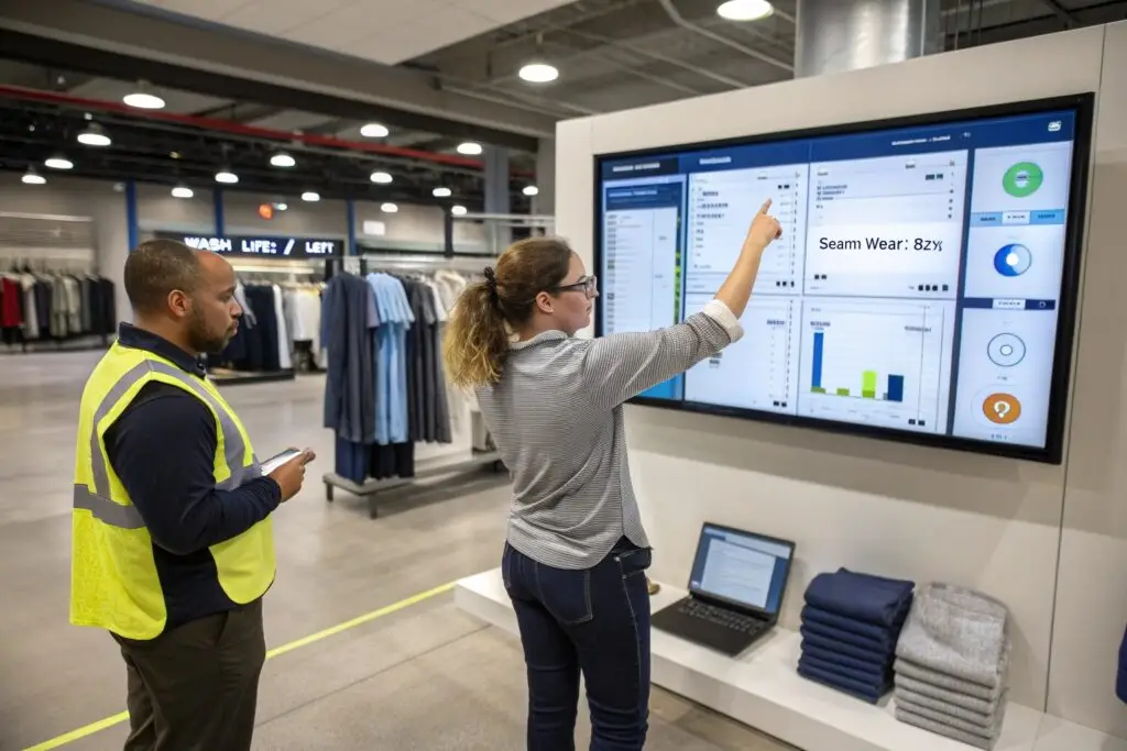 Team reviewing garment performance on digital dashboard