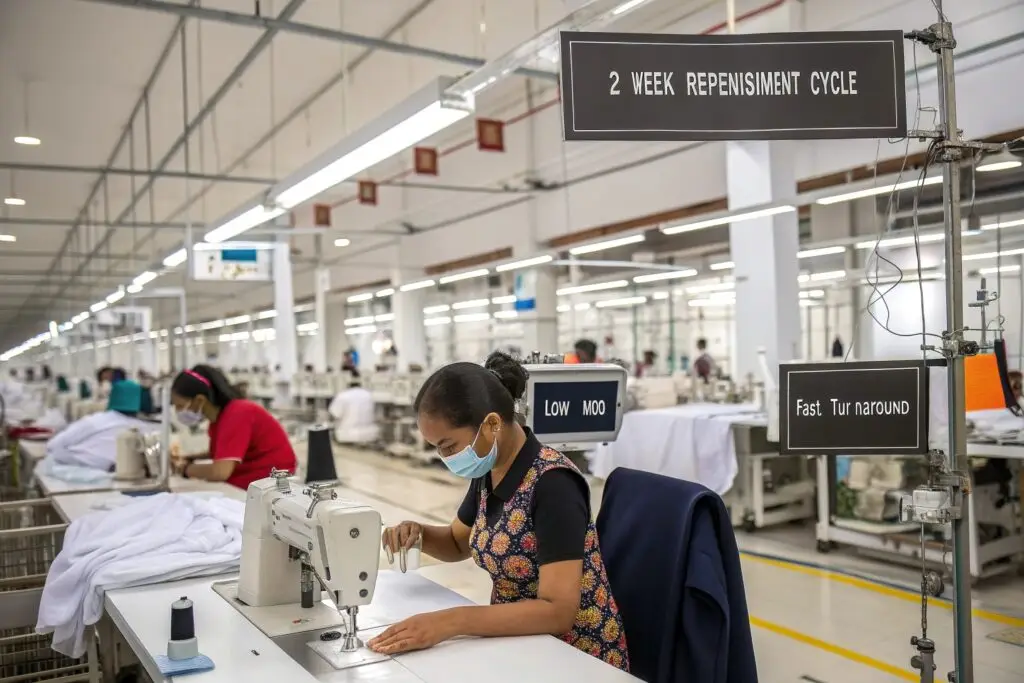 Sewing operator in factory with fast replenishment cycle