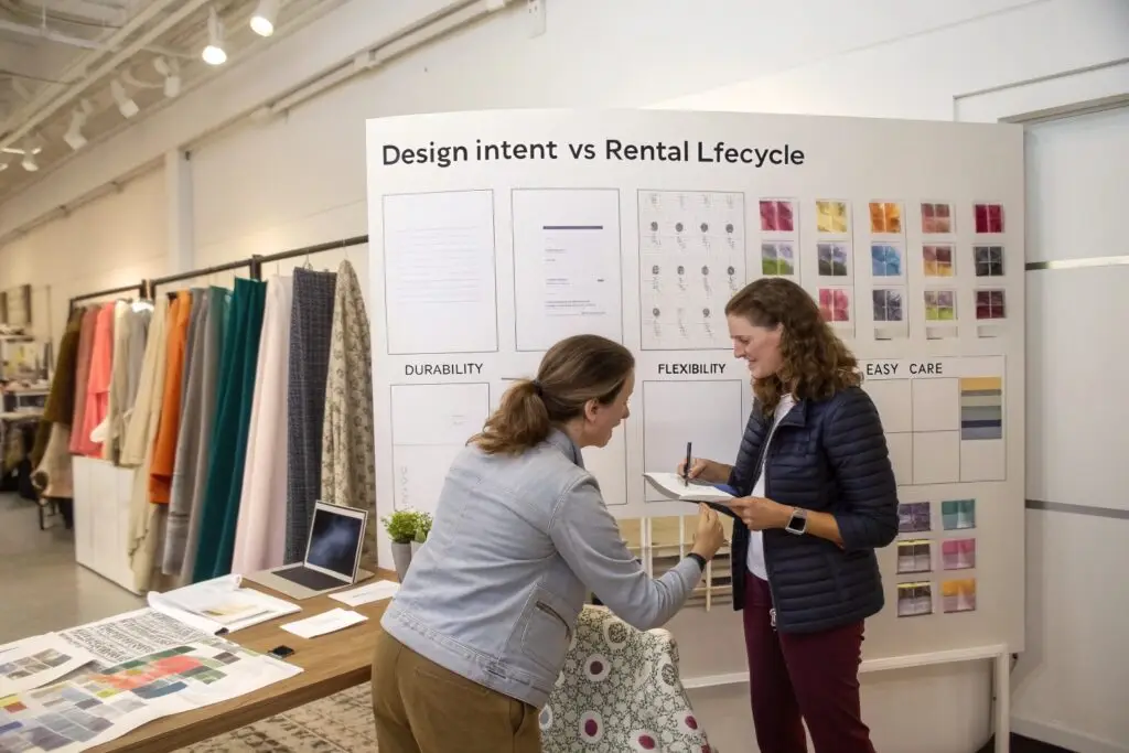 Team comparing textile durability and rental lifecycle