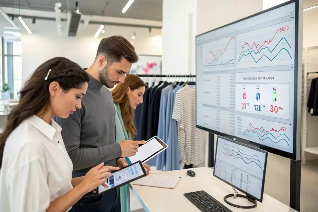 Fashion retail team analyzing performance metrics on digital screens