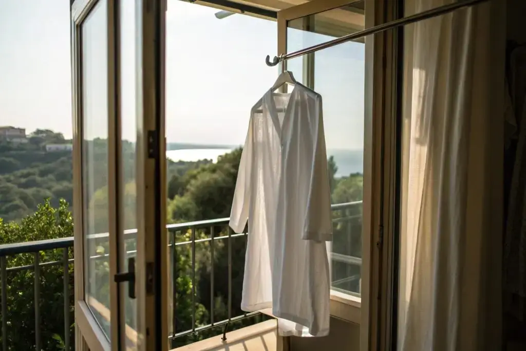 White garment air-drying near open window with scenic view