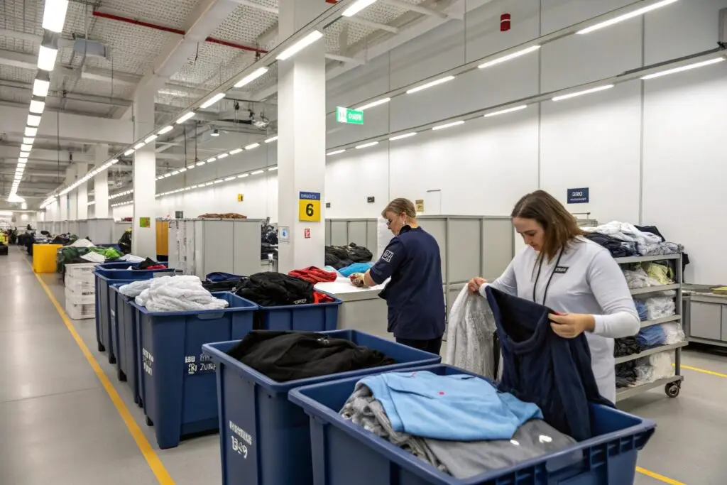Warehouse staff inspecting and sorting returned clothing in bins