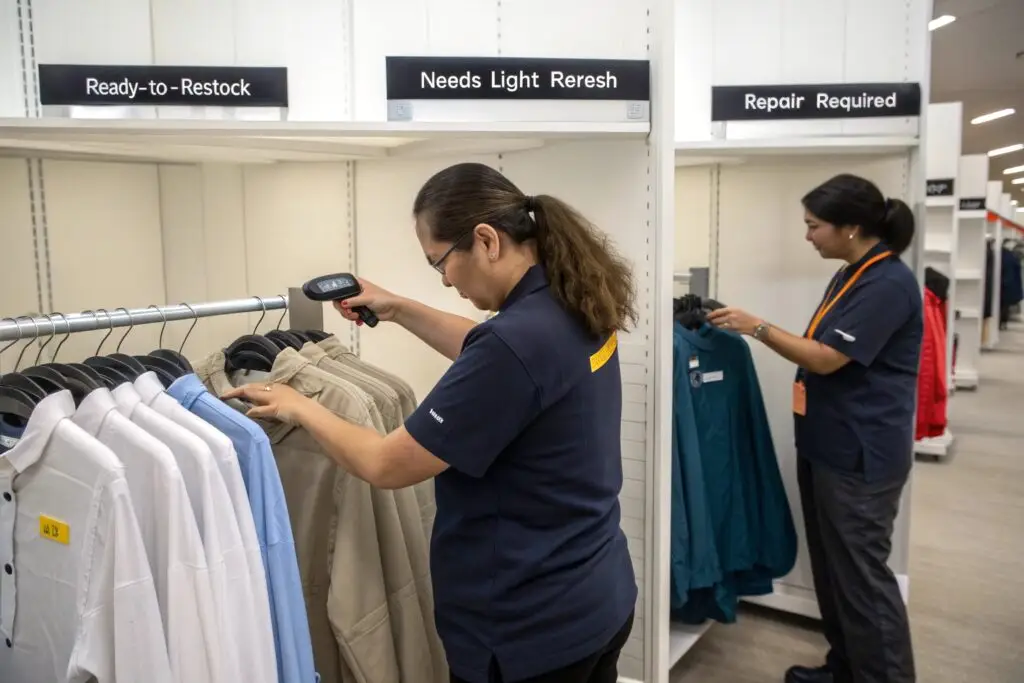 Return station with categories for restock, refresh, and repair garments