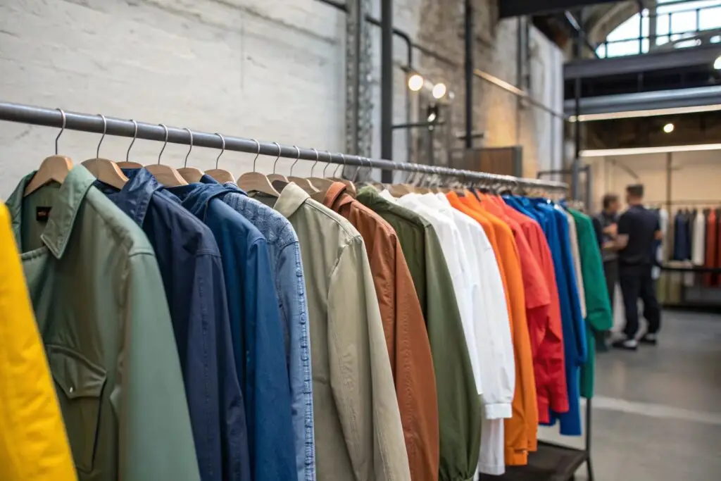 Colorful garments on rack in modern fashion showroom